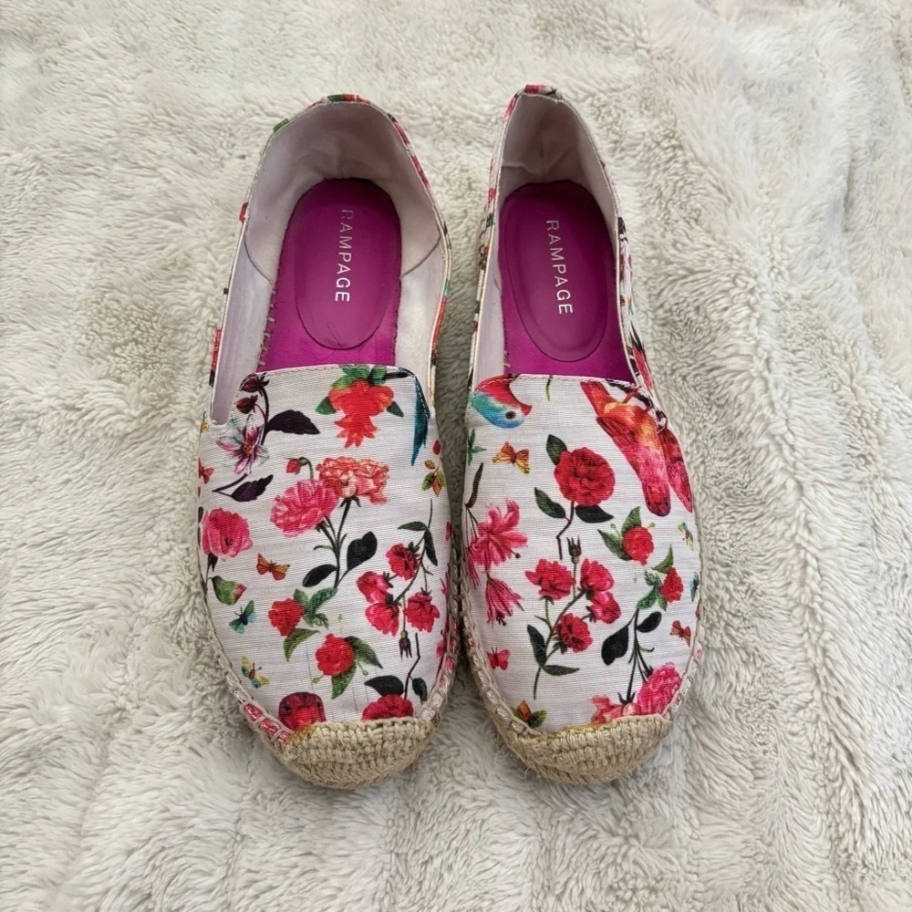 Rampage Women's Floral Bird Print Espadrilles Loafers Pink and Blue Size 9
